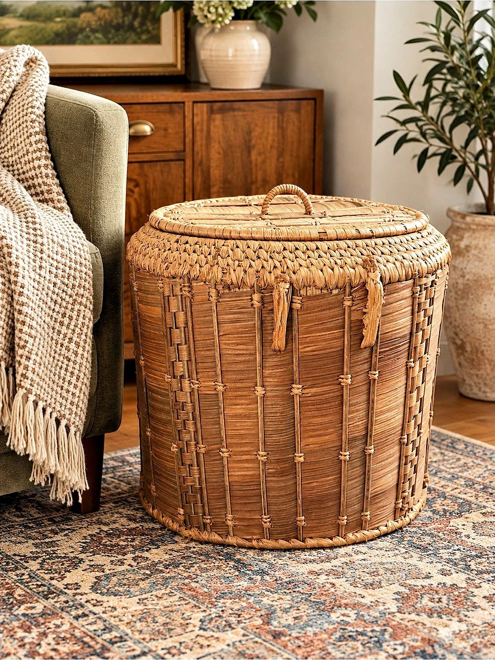Vintage Woven Rattan/Reed Storage Basket with Lid | Large Boho Decor